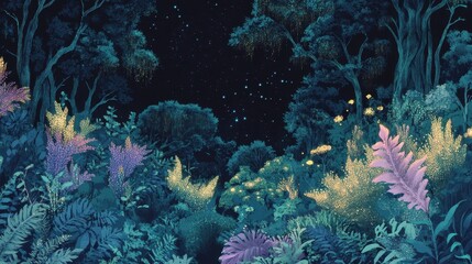 Obraz premium Enchanted Forest Night Scene Glowing Plants and Stars