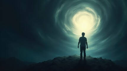 A figure surrounded by dark, swirling shadows, with a bright, supportive light breaking through the darkness, symbolizing the power of help in overcoming fear.