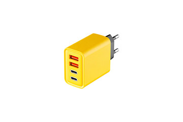 adapter for charger with USB and Type C connector, yellow, on isolated or white background close-up
