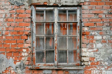 Red brick wall with old wooden window in russian city. Detailed photo textured background