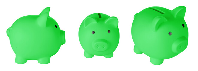 Set Piggy bank pig Green color on isolated white background close up