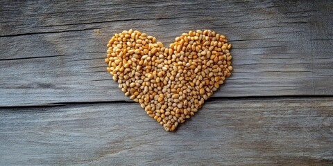 Cereal grains arranged in a heart shape on a rustic wooden surface with warm brown tones highlighting texture and natural simplicity.