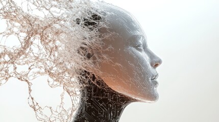 Futuristic face network art, digital connection concept, abstract neural imagery, human technology fusion