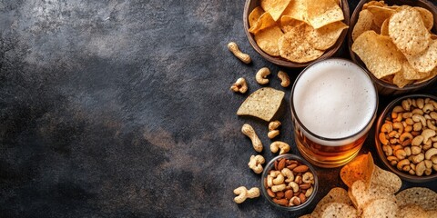 Lager beer in a clear glass on a dark stone table next to bowls of chips and nuts captured from above with plenty of copyspace on the left