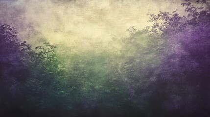 Obraz premium Misty forest trees foggy landscape, nature scenery, purple green hues, mysterious atmosphere, dreamy forest view, foliage background