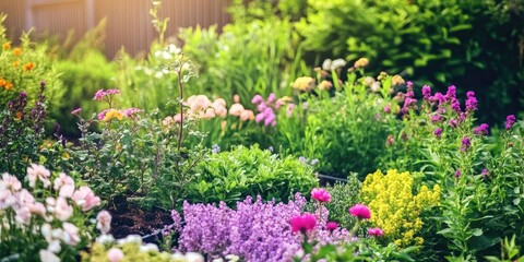 Obraz premium Vibrant flower garden in sunlight showcasing pink, purple, and yellow blossoms surrounded by lush green foliage and natural landscaping.