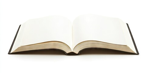 Obraz premium Blank open book with cream pages on a white background, centered view highlighting its spine and natural light reflection on edge