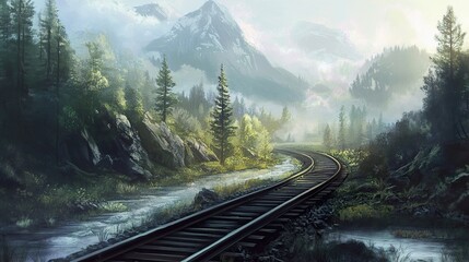 Fototapeta premium Misty Mountain Railroad: A Serene Landscape