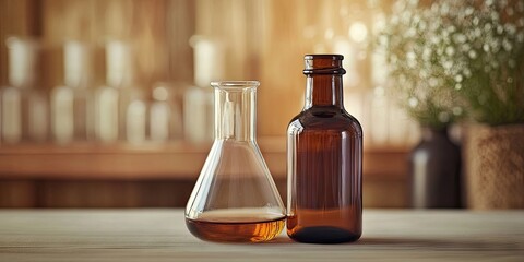 Glycerin in a clear glass beaker beside a brown amber bottle on a wooden table in a lab setting with blurred background elements