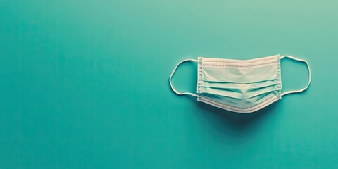 Aerial view of a teal medical face mask positioned on the lower right of a smooth turquoise background with ample empty space for text.