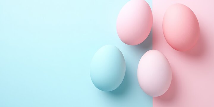 Minimalistic design of pastel Easter eggs in pink and blue layout with soft gradients and ample space for text on the left side