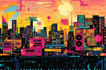 Abstract Cityscape with Retro Audio Equipment