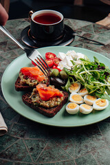 A hearty breakfast with an interesting serving
