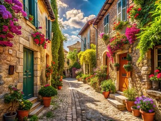 Fototapeta premium Charming Little Lane, French Village Casinca: Sunlit Cobblestone Street, Picturesque Houses