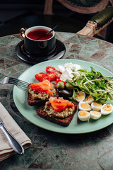 A hearty breakfast with an interesting serving