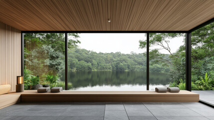 Fototapeta premium Bright and spacious interior features large windows that provide a stunning view of a calm lake and verdant trees. The design emphasizes minimalism and harmony with nature