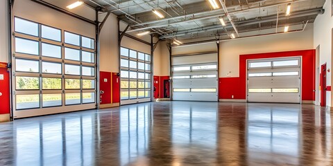 Functional firehall with concrete flooring, bright walls, and large overhead doors. Designed for quick accessibility.