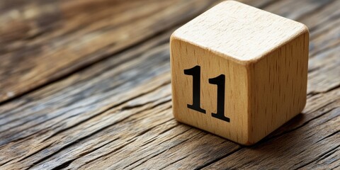 Wooden surface with a close-up of a cubeshaped calendar displaying the number 11 in black on a natural textured wood background