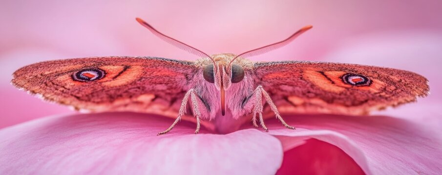 Portrait of a butterfly sitting on a pink flower, vibrant macro photography.