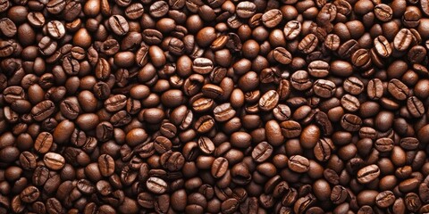 Fototapeta premium Rich brown coffee beans covering the entire frame with varied shades of espresso highlighting their texture and shiny surfaces.