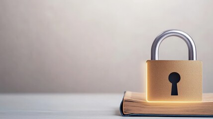 Naklejka premium legislation policy enforcement concept. A golden padlock on a wooden surface, symbolizing security and protection.