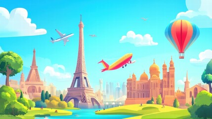 Time to travel! Search for the perfect tour and location. Advertising for the tourism business with a colorful, cartoon-style website template featuring realistic elements.