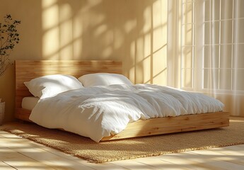 Sunny Bedroom with Wooden Platform Bed and White Linen Bedding