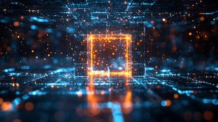 Glowing digital cube in abstract data space; tech background