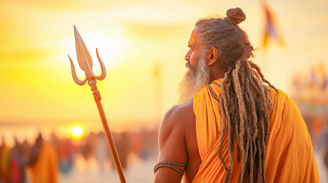 indian sadhu in the maha kumbh mela near river
