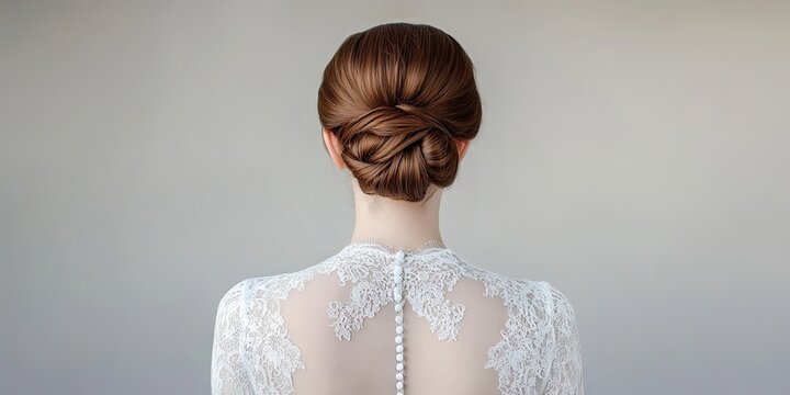 Elegant bridal hairstyle featuring a classic updo, soft brown hair, intricate lace details, and a serene gray background highlighting delicacy.