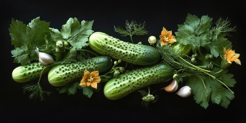 Fresh cucumbers adorned with vibrant yellow flower buds, garlic cloves, dill sprigs, and green leaves, arranged on a black background.