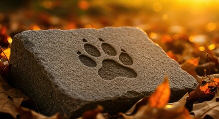 Stone memorial with paw print on autumn leaves at sunset.
