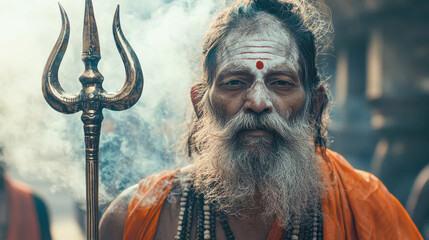 Obraz premium indian sadhu in the maha kumbh mela near river