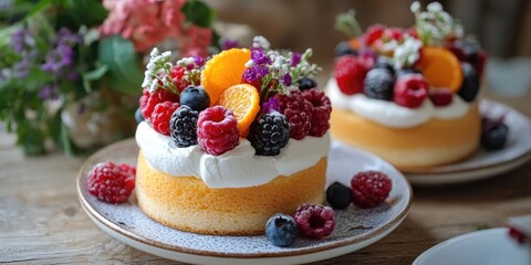 Colorful berry and orange cakes adorned with fresh fruits and flowers on a rustic wooden table in a cozy interior setting.