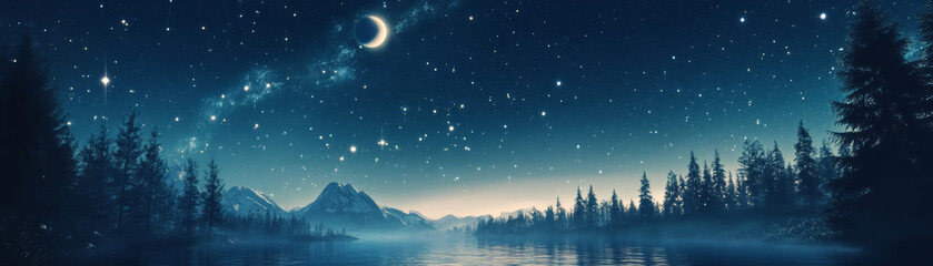 Fototapeta premium serene night sky with crescent moon, stars, and tranquil lake reflecting landscape. scene is surrounded by mountains and pine trees, creating peaceful atmosphere