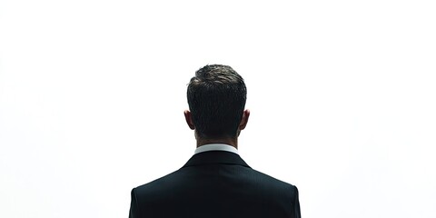 Confident man in a dark suit facing a bright white background, emphasizing solitude and introspection with a focus on the silhouette.