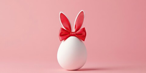 Easter egg with red satin bow and bunny ears centered on soft pastel pink background creating a minimalistic festive theme design