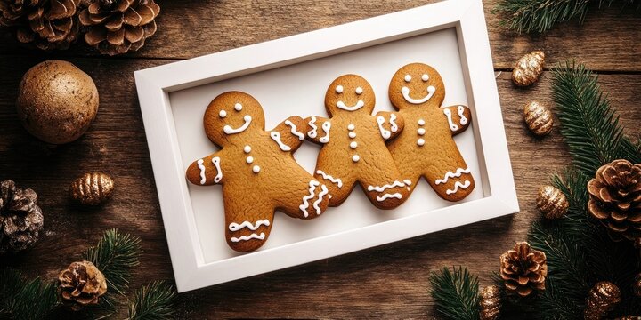 Gingerbread cookies in a white frame on rustic wooden background surrounded by pine cones and gold ornaments with green pine branches
