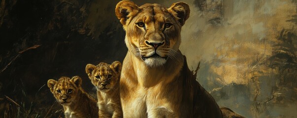 A classic oil painting of a majestic lioness guarding her cubs, her fierce protectiveness evident in her stance and expression.