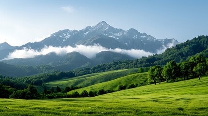 Obraz premium Majestic mountain vista, green valley, morning mist, scenic landscape, travel poster