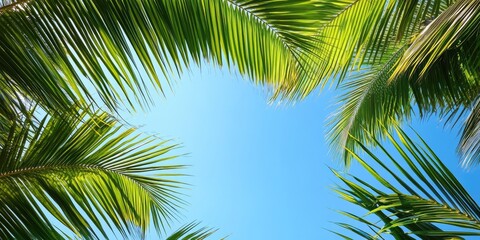 Fototapeta premium Lush green palm leaves frame a clear blue sky with sunlight illuminating their vibrant hues, creating a tropical and refreshing atmosphere.