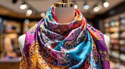Naklejka premium Colorful Silk Scarf with Intricate Patterns Displayed on Mannequin in Boutique Setting