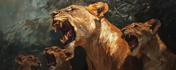 A classic oil painting of a majestic lioness guarding her cubs, her fierce protectiveness evident in her stance and expression.