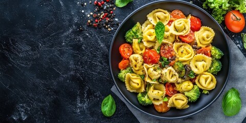 Vibrant tortellini dish with colorful cherry tomatoes and broccoli in a black bowl on a dark textured background garnished with basil leaves