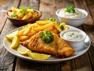 Classic Fish and Chips Meal: Crispy Fries, Flaky Fish, Creamy Tartar Sauce