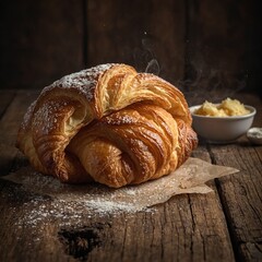 "A freshly baked croissant with golden-brown, flaky layers and steam rising, placed on a rustic wooden table."