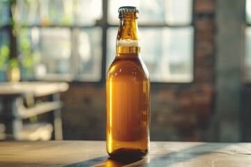 Cold beer bottle with drops, frost glass of light beer. High definition photo