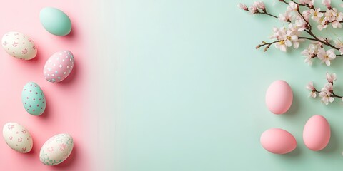 Pastel Easter backdrop featuring decorated eggs in pink and mint green layout with floral accents, ample space for text on soft colors.