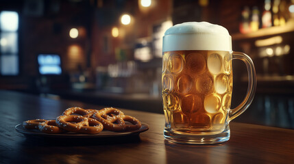 A classic pub scene features a stein of frothy beer and a plate of pretzels. The image is likely intended for stock usage, as shown in the website context