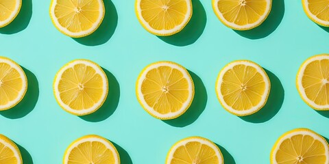Fototapeta premium Lemon slices arranged in a grid pattern on a turquoise green backdrop bright summery minimalistic design flat lay composition natural colors